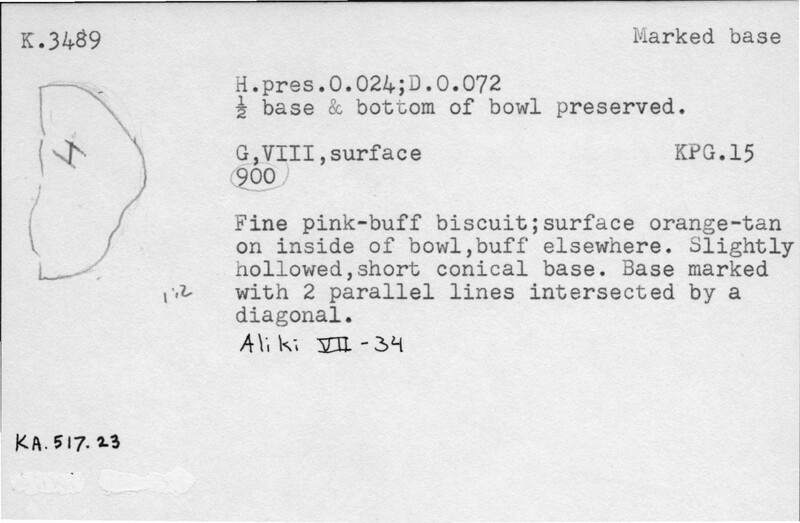 Index card with typed and handwritten information, sometimes including a sketch, of pottery from an excavation.