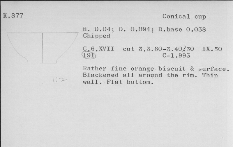 Index card with typed and handwritten information, sometimes including a sketch, of pottery from an excavation.
