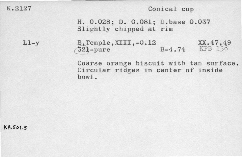 Index card with typed and handwritten information, sometimes including a sketch, of pottery from an excavation.