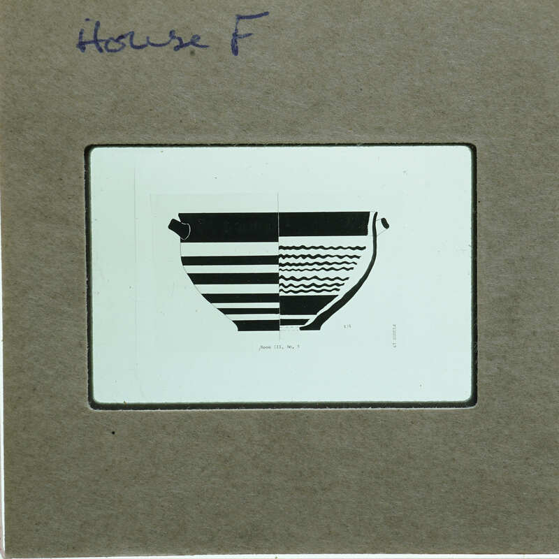 Photo of inked profile drawing of a decorated bowl with horizontal lines.