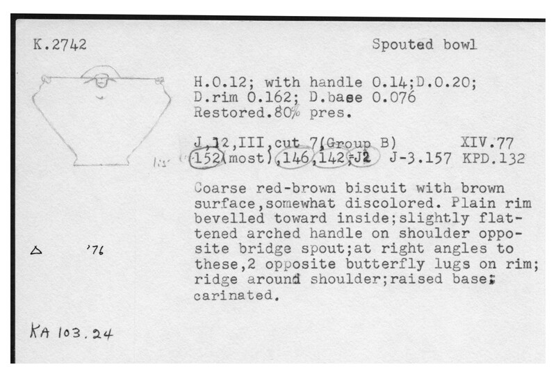 Index card with typed and handwritten information, sometimes including a sketch, of pottery from an excavation.