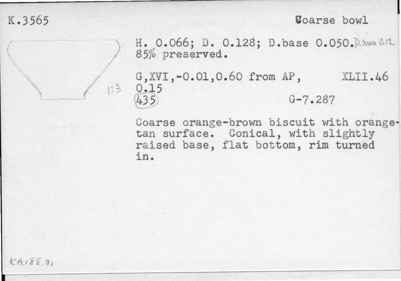 Index card with typed and handwritten information, sometimes including a sketch, of pottery from an excavation.