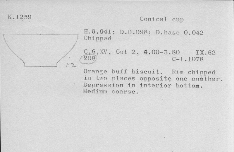 Index card with typed and handwritten information, sometimes including a sketch, of pottery from an excavation.