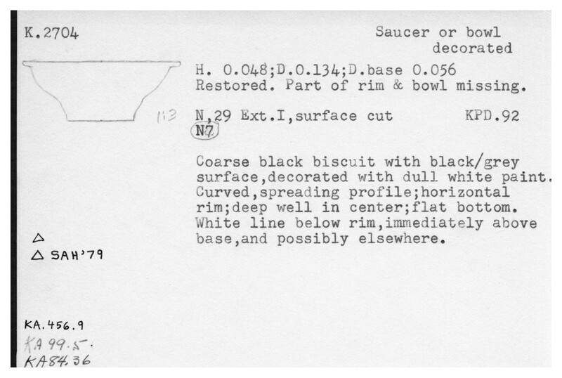 Index card with typed and handwritten information, sometimes including a sketch, of pottery from an excavation.