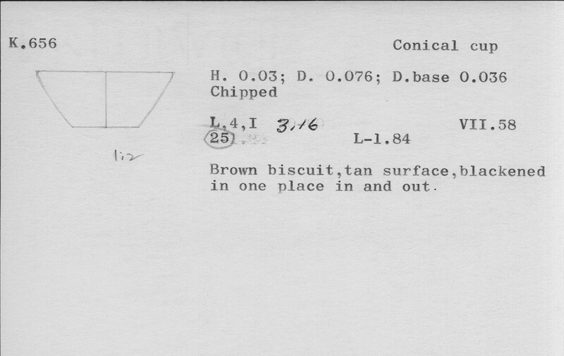 Index card with typed and handwritten information, sometimes including a sketch, of pottery from an excavation.