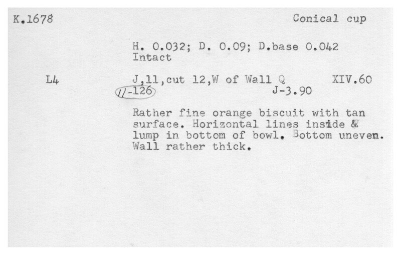 Index card with typed and handwritten information, sometimes including a sketch, of pottery from an excavation.