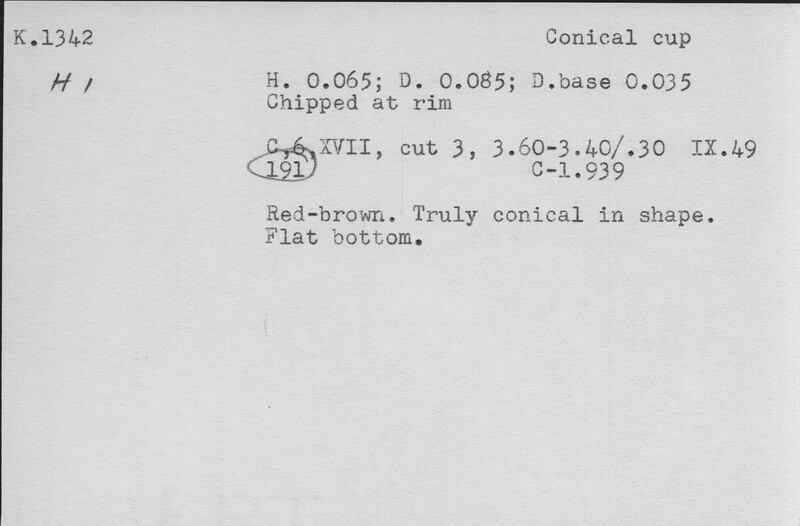 Index card with typed and handwritten information, sometimes including a sketch, of pottery from an excavation.