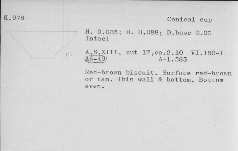 Index card with typed and handwritten information, sometimes including a sketch, of pottery from an excavation.