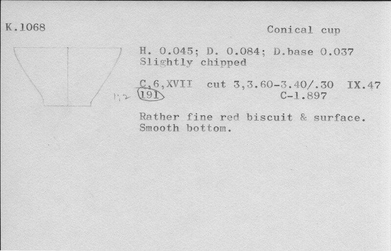 Index card with typed and handwritten information, sometimes including a sketch, of pottery from an excavation.