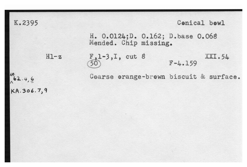 Index card with typed and handwritten information, sometimes including a sketch, of pottery from an excavation.