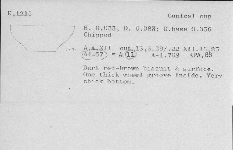 Index card with typed and handwritten information, sometimes including a sketch, of pottery from an excavation.