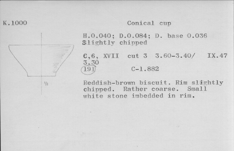 Index card with typed and handwritten information, sometimes including a sketch, of pottery from an excavation.