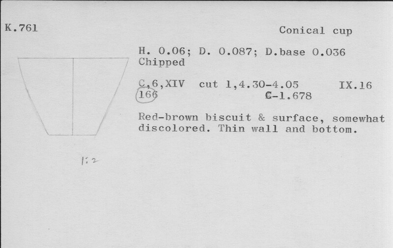 Index card with typed and handwritten information, sometimes including a sketch, of pottery from an excavation.