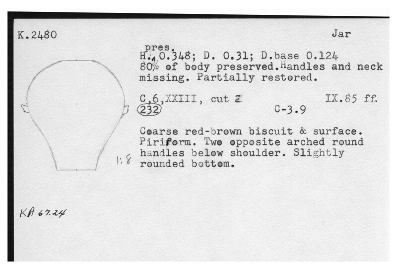 Index card with typed and handwritten information, sometimes including a sketch, of pottery from an excavation.