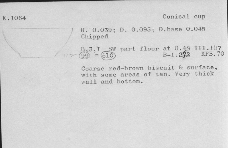 Index card with typed and handwritten information, sometimes including a sketch, of pottery from an excavation.