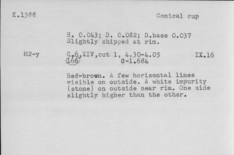 Index card with typed and handwritten information, sometimes including a sketch, of pottery from an excavation.