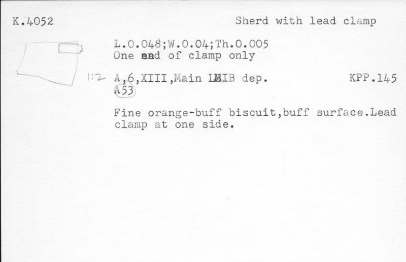 Index card with typed and handwritten information, sometimes including a sketch, of pottery from an excavation.