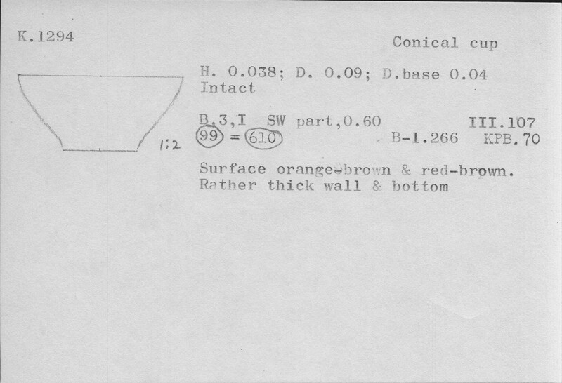 Index card with typed and handwritten information, sometimes including a sketch, of pottery from an excavation.