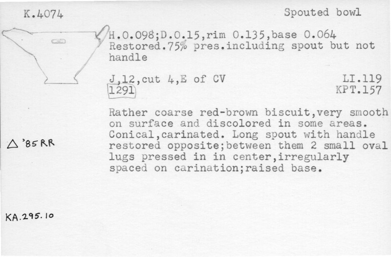 Index card with typed and handwritten information, sometimes including a sketch, of pottery from an excavation.