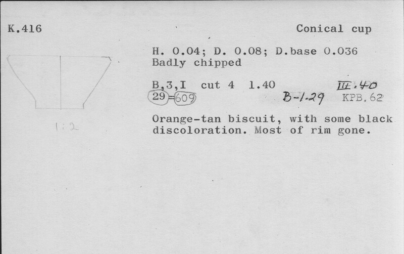 Index card with typed and handwritten information, sometimes including a sketch, of pottery from an excavation.