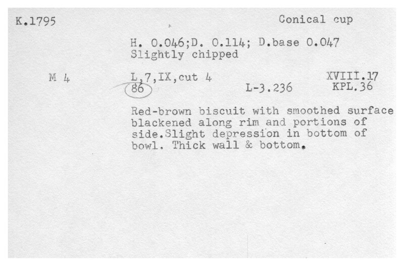 Index card with typed and handwritten information, sometimes including a sketch, of pottery from an excavation.
