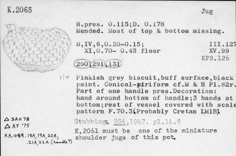 Index card with typed and handwritten information, sometimes including a sketch, of pottery from an excavation.