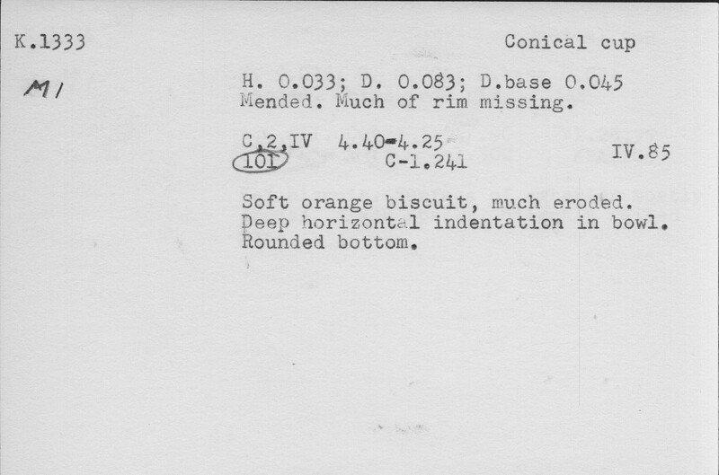 Index card with typed and handwritten information, sometimes including a sketch, of pottery from an excavation.