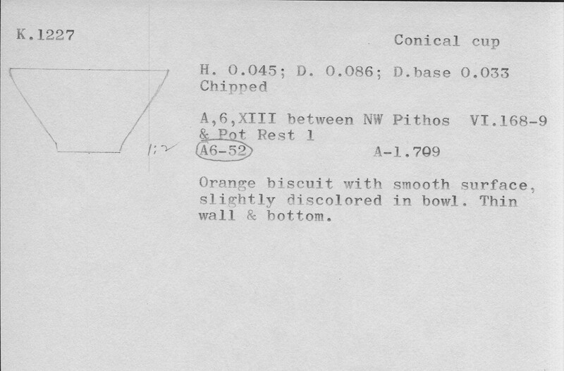 Index card with typed and handwritten information, sometimes including a sketch, of pottery from an excavation.