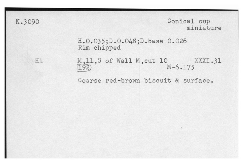 Index card with typed and handwritten information, sometimes including a sketch, of pottery from an excavation.