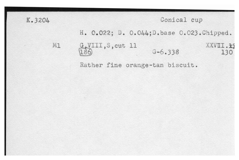 Index card with typed and handwritten information, sometimes including a sketch, of pottery from an excavation.