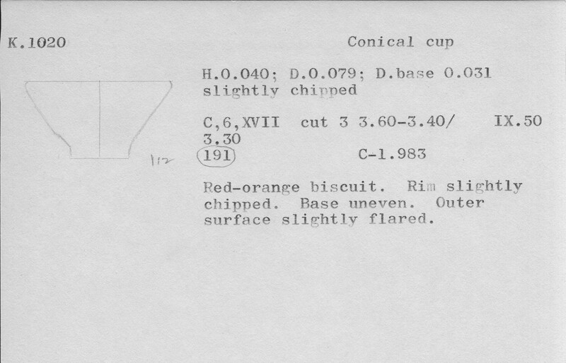 Index card with typed and handwritten information, sometimes including a sketch, of pottery from an excavation.