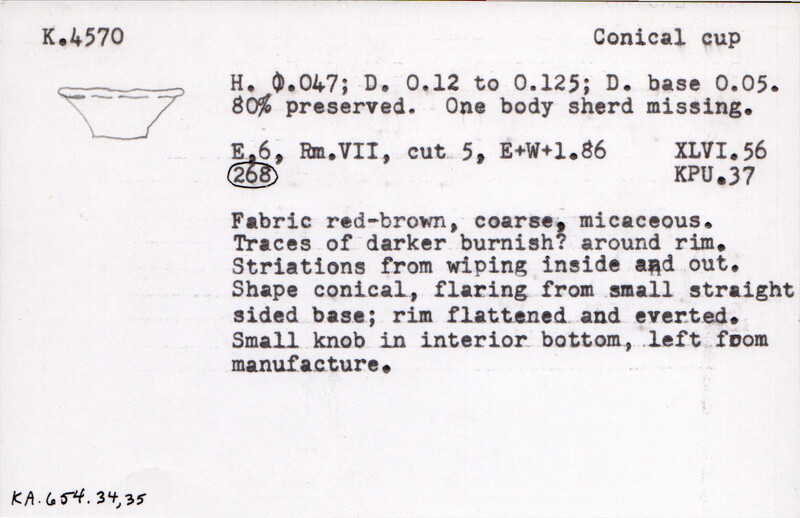 Index card with typed and handwritten information, sometimes including a sketch, of pottery from an excavation.