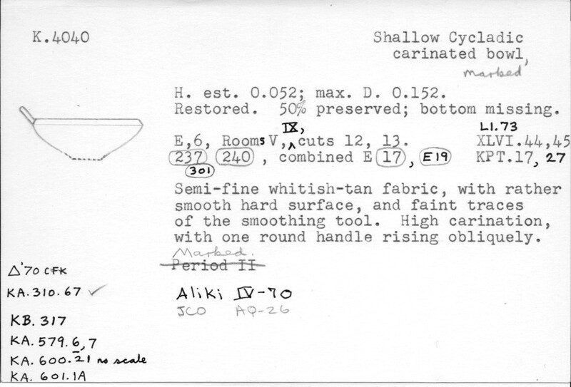 Index card with typed and handwritten information, sometimes including a sketch, of pottery from an excavation.