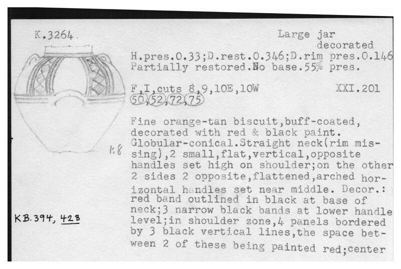 Index card with typed and handwritten information, sometimes including a sketch, of pottery from an excavation.