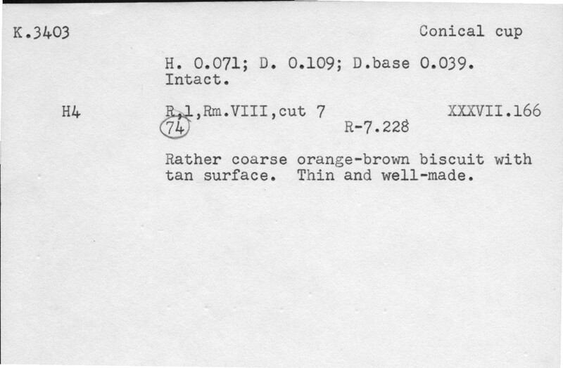 Index card with typed and handwritten information, sometimes including a sketch, of pottery from an excavation.