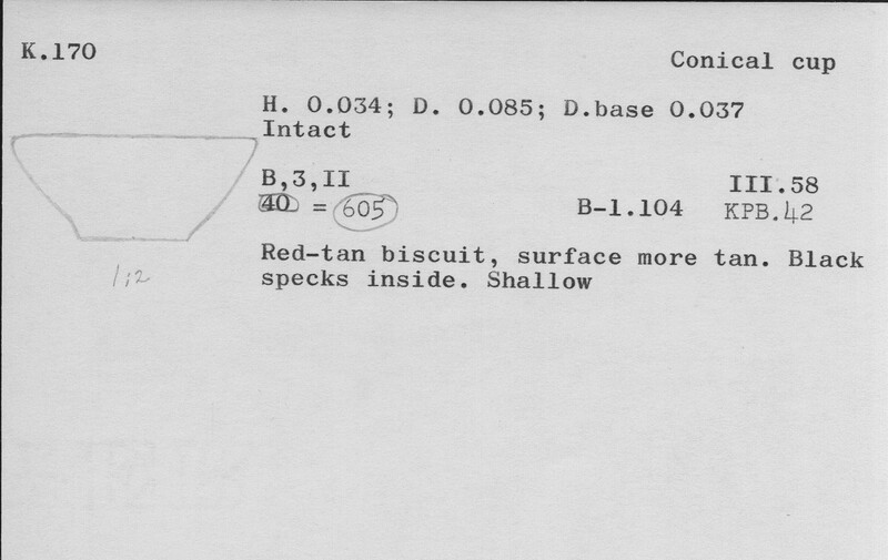 Index card with typed and handwritten information, sometimes including a sketch, of pottery from an excavation.