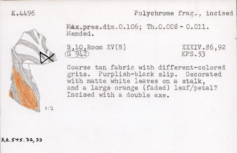Index card with typed and handwritten information, sometimes including a sketch, of pottery from an excavation.