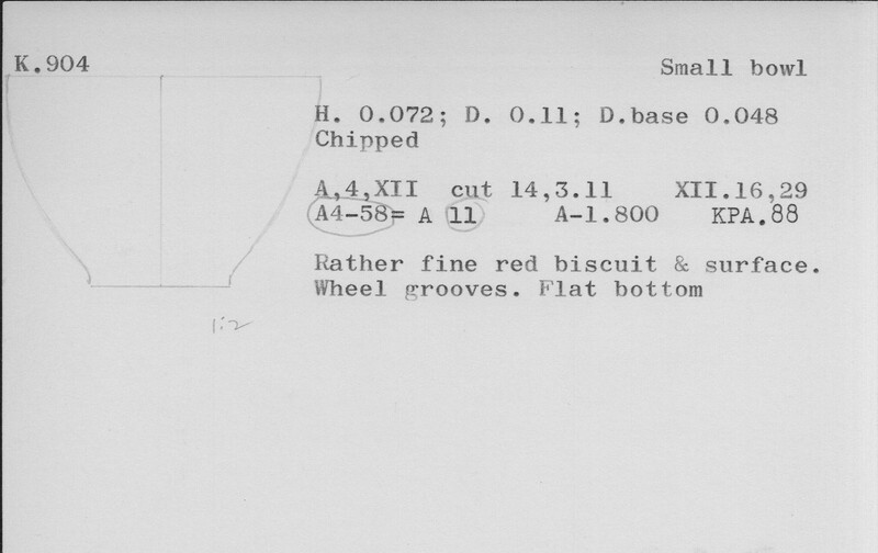 Index card with typed and handwritten information, sometimes including a sketch, of pottery from an excavation.