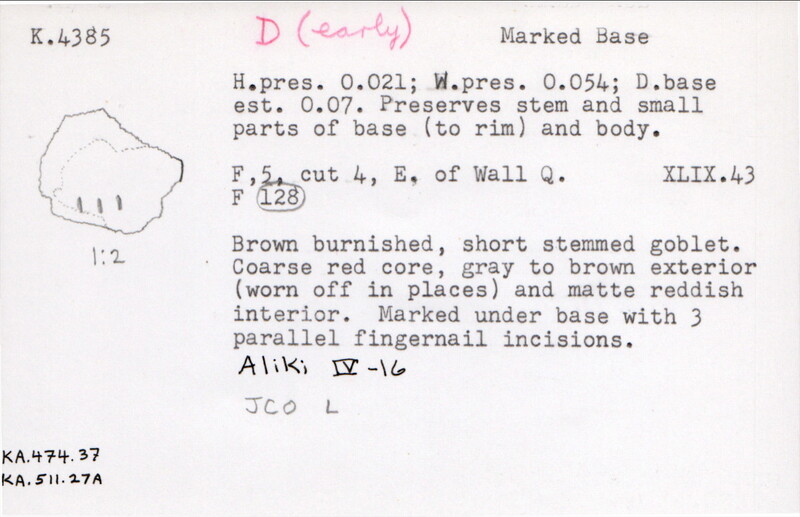 Index card with typed and handwritten information, sometimes including a sketch, of pottery from an excavation.