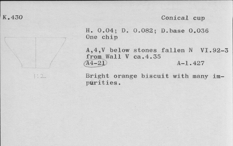 Index card with typed and handwritten information, sometimes including a sketch, of pottery from an excavation.