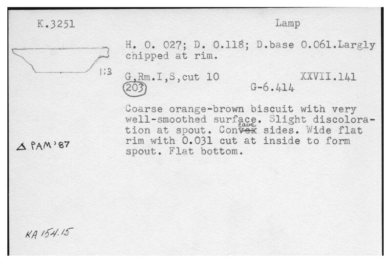 Index card with typed and handwritten information, sometimes including a sketch, of pottery from an excavation.