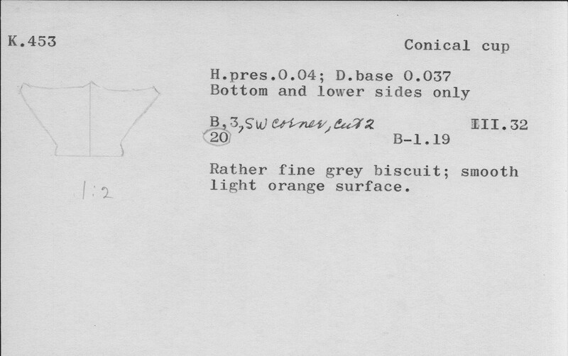 Index card with typed and handwritten information, sometimes including a sketch, of pottery from an excavation.
