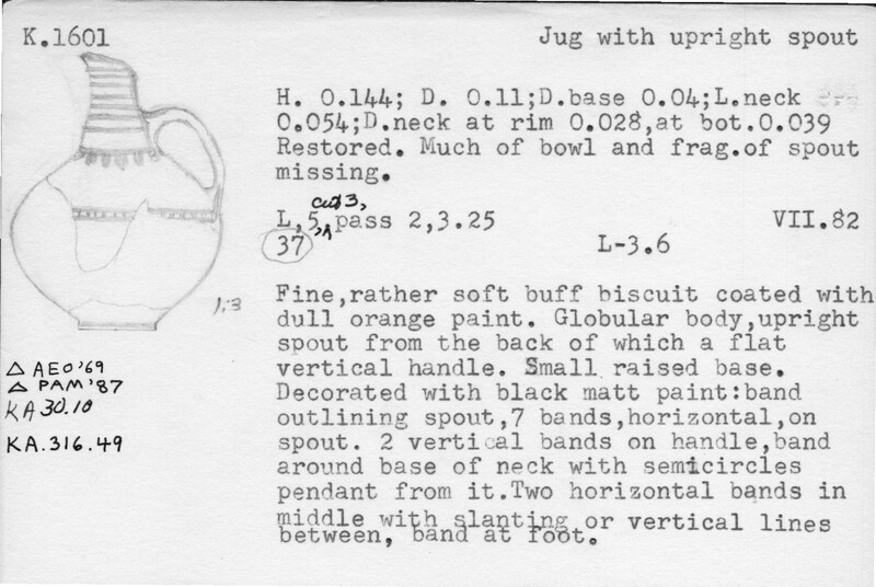 Index card with typed and handwritten information, sometimes including a sketch, of pottery from an excavation.