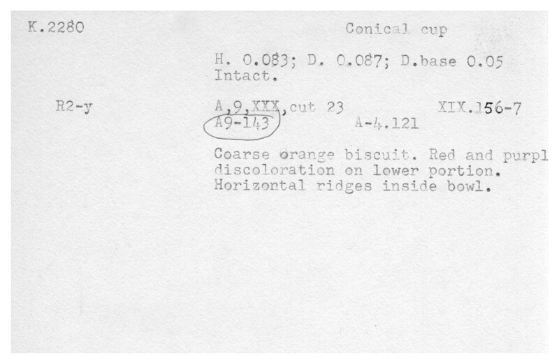 Index card with typed and handwritten information, sometimes including a sketch, of pottery from an excavation.