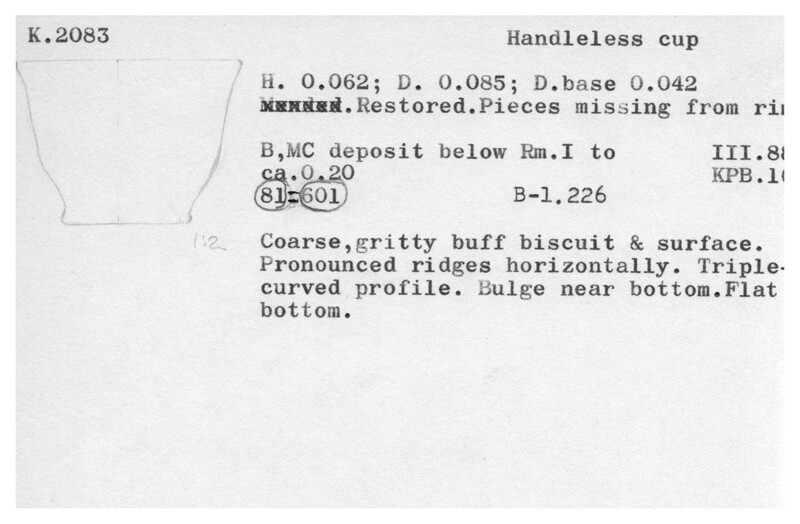 Index card with typed and handwritten information, sometimes including a sketch, of pottery from an excavation.
