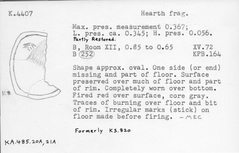 Index card with typed and handwritten information, sometimes including a sketch, of pottery from an excavation.