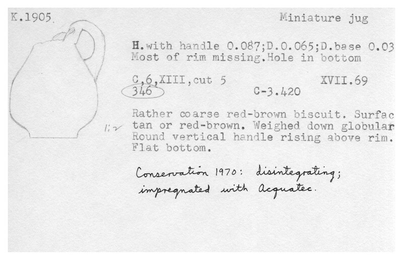 Index card with typed and handwritten information, sometimes including a sketch, of pottery from an excavation.