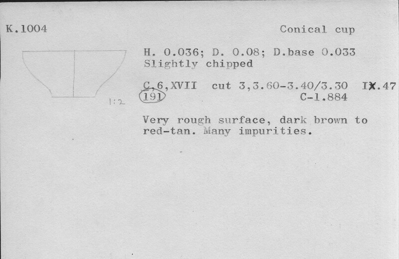 Index card with typed and handwritten information, sometimes including a sketch, of pottery from an excavation.