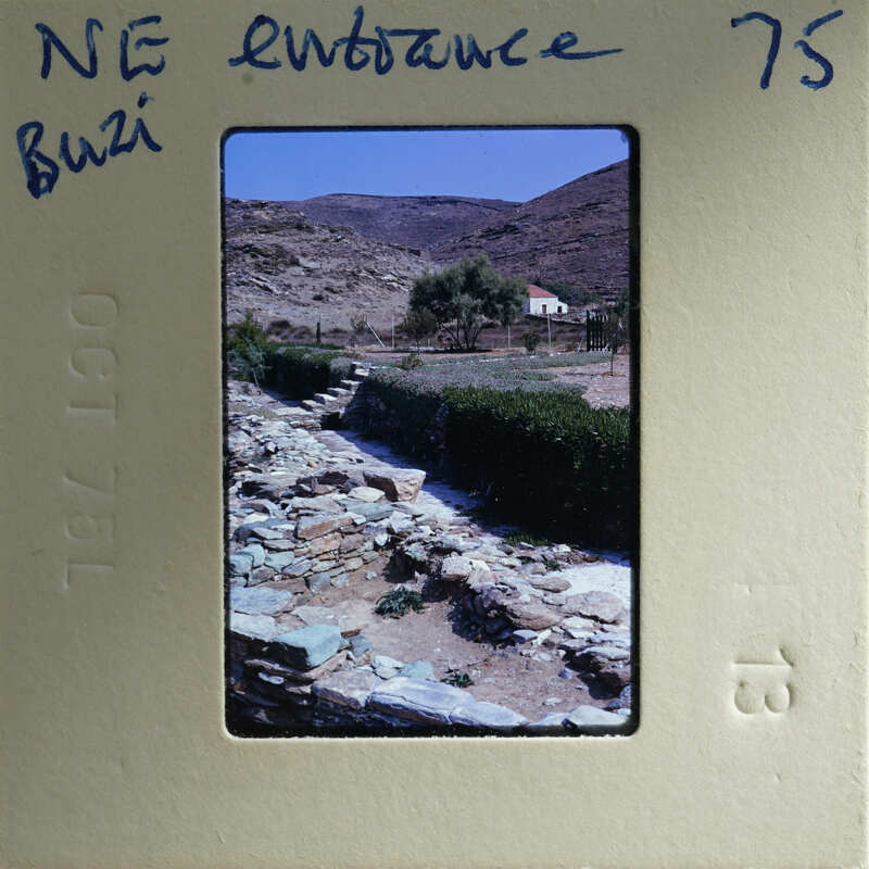 A vintage photograph of a stone-paved path with mountains in the background, displayed on an old film strip.