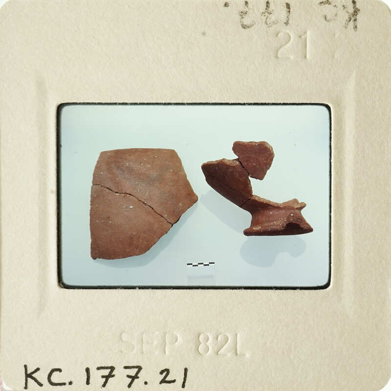 Two broken pottery pieces on a white surface.